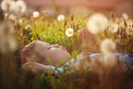 Boy blowing on dandelion lying on grass in sunny clear dayの写真素材