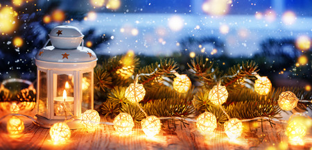 Christmas candle lantern, Christmas and New Year background, Bannerの写真素材
