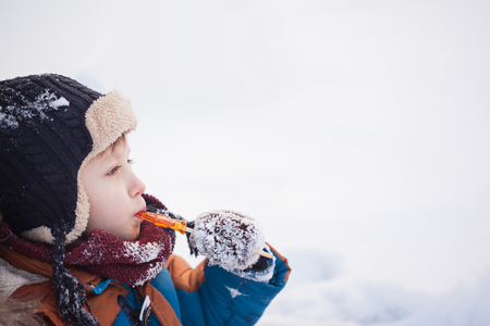Little Baby playing and eating sweet cockerel in winter day. Kids play in snowy forest.の写真素材