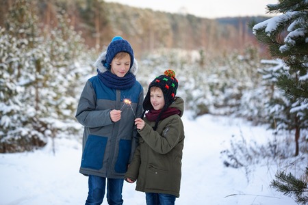 Happy family two brothers keep a sparklers or bengal fires outdoor in beautiful winter forest. Winter holiday concept.の写真素材