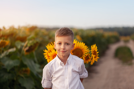 Happy child with bouquet of beautiful sunflowers in summer sunflower field on sunset. Mother day conceptの写真素材