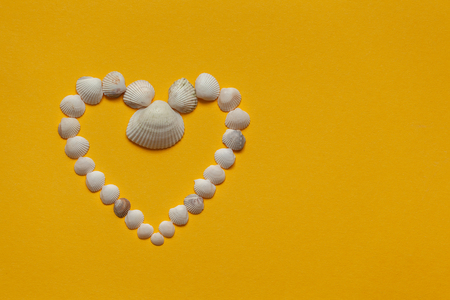 Seashells in the shape of a heart on a yellow background.の写真素材