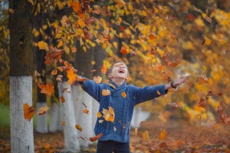 Handsome happy boy throwing the fallen leaves up, playing in the autumn parkの写真素材