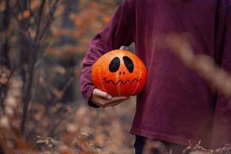 Boy holding in hands a Halloween pumpkin. Halloween background.の写真素材