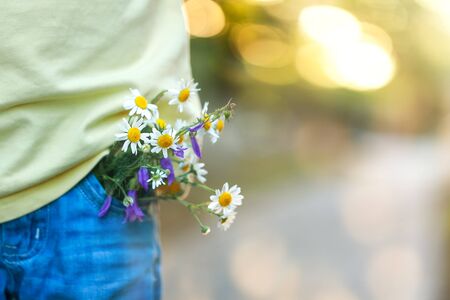 Summer wild Flowers in the background of a jeans pocketの写真素材