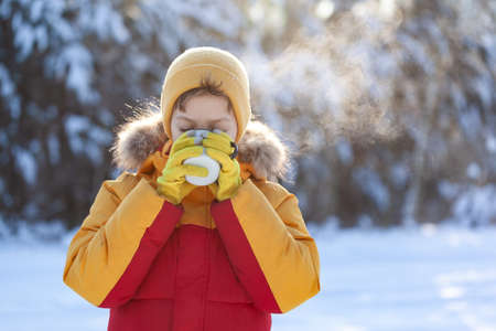 Child drinking hot chocolate or cacao in snowy winter park. Cute boy holding a cup of hot drink and...