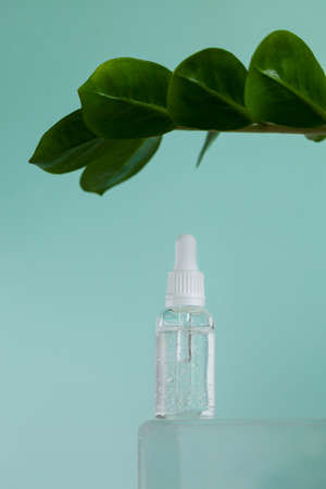 Cosmetic bottle of moisturizing face serum with pipette with green leaves on background. Professional product, cosmetic base for a perfect complexion. Copy space.の写真素材