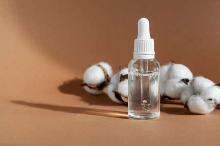 Cosmetic dropper bottle with cotton for serum, micellar toner and emulsion on brown background. Beauty natural product.の写真素材
