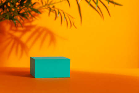 Turquoise podium with shadows leaves on orange background. Concept scene stage showcase for product, promotion, sale, banner.の写真素材