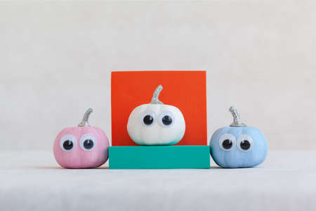 Colorful pumpkins on colourful podiums or pedestals over white background. Holiday Halloween party concept.の写真素材