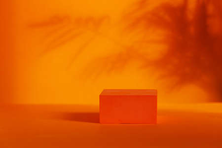 Orange podium with shadows leaves on orange background. Concept scene stage showcase for product, promotion, sale, banner.の写真素材