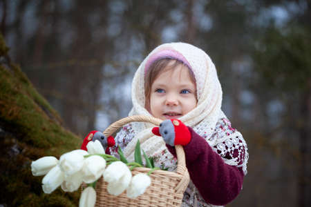 Cute little girl holding a basket full of white tulips in the winter forest.の写真素材