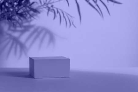 Veri peri empty podium with shadows leaves on violet background. Concept scene stage showcase for product, promotion, sale, banner. Trendy Color of Year 2022の写真素材