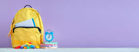 Banner. concept back to school. Full Yellow School Backpack with stationery on table on purple background. panorama.の写真素材