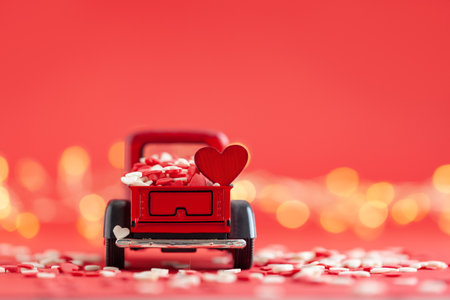 Valentine's day holiday concept. Red toy truck and heart shapes on red background. Place for text. back view.の写真素材