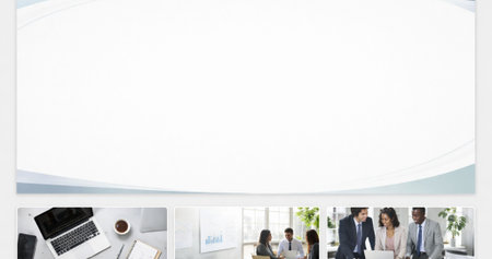 A clean, modern business presentation template featuring a spacious header area and three professional photo panels. Ideal for corporate overviews, team introductions.の写真素材