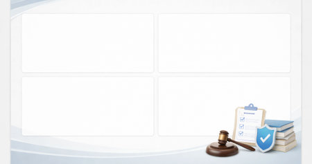 A clean legal-themed four-panel presentation template featuring organized content sections and justice icons, ideal for law firms, compliance training, corporate policies.の写真素材