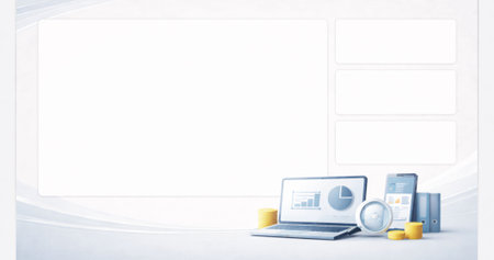 A clean and modern financial analytics slide layout featuring a large data display area with supporting sections. Perfect for reports, KPIs, budgeting, forecasting, and business.の写真素材