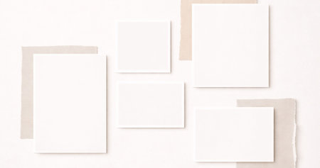 Design concept - top view of group of white business cards on beige background for mockupの写真素材