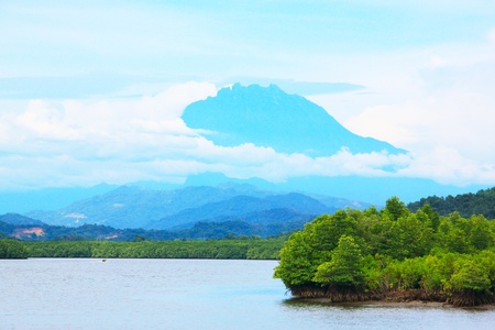 Mount Kinabalu view from Salut River, Tuaran, Sabah, Malaysiaの写真素材