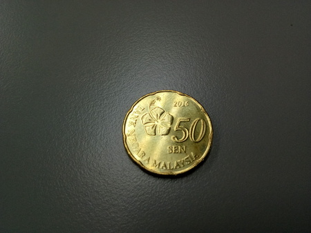Malaysia gold coin with gray backgroundの写真素材
