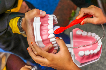 demonstration on how to brush teeth