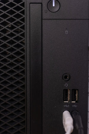 closeup shot of a desktop usb port with usb cableの写真素材