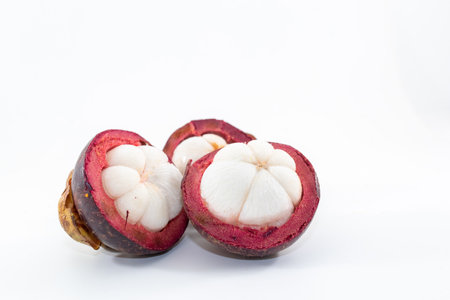 closeup view of tropical Mangosteen fruit on white backgroundの写真素材