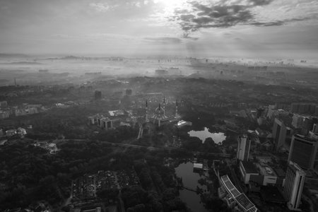 aerial view of beautiful scenery Sultan Salahuddin Abdul Aziz Shah Mosque during sunriseの写真素材
