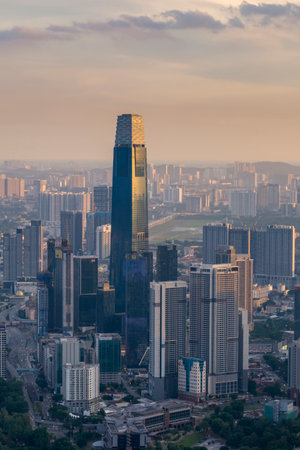A panoramic shot highlighting the modern architecture of the central skyscraper amid numerous...