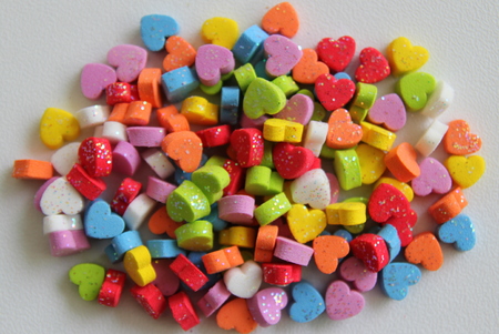 A variety of tinsel colorful hearts for Valentine's Day.の写真素材