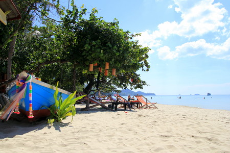 Island Koh Chang, Thailand. The bright boat with view on the beach.の写真素材