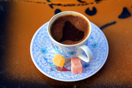 The cup of coffee with sweets. Cappadocia, Turkey.の写真素材