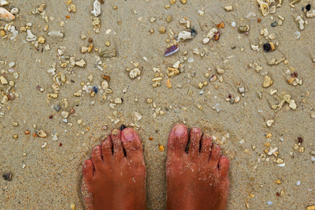 Travel to Krabi, Thailand. The top view on the legs on seashore with stones and seashells on sand.
