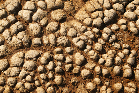 Dry cracked brown stony soil, top view.の写真素材