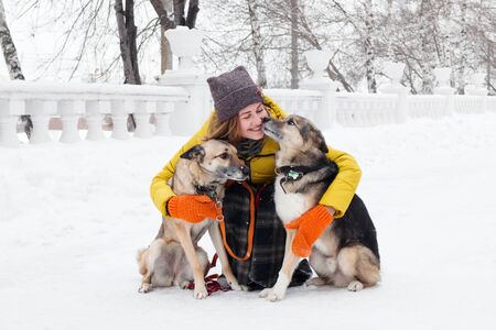 Portrait of beautiful smiling young woman with her two dogs in a snowy winter park.の写真素材