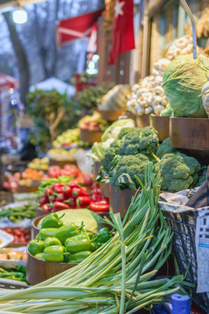 Different kinds of fresh vegetables on a local street market. Istanbul, Turkey. Concept of healthy eating.の写真素材
