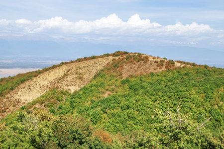 A scenic hilltop with sparse vegetation and a winding trail under a clear blue sky, surrounded by...