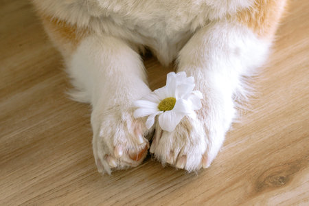 Beautiful white flower is placed gently between soft fluffy paws of dog on wooden floor at home.の写真素材