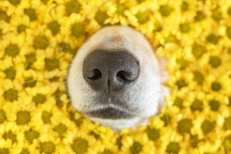 Close-up of nose of corgi dog surrounded by vibrant blooming yellow flowers.の写真素材