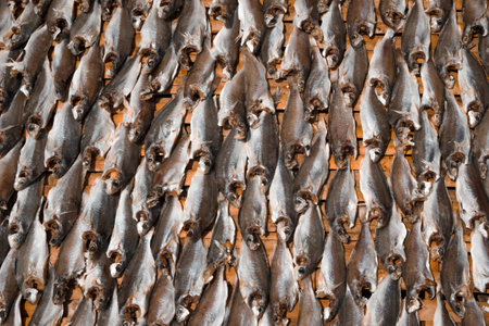 Multiple dried fish arranged neatly on a wooden rack. The traditional method of fish preservation.