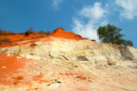 Striking Red Sandstone Cliffs Under Vibrant Blue Sky, Natural Beauty. Mui Ne, Vietnam, Fairy Stream.の写真素材