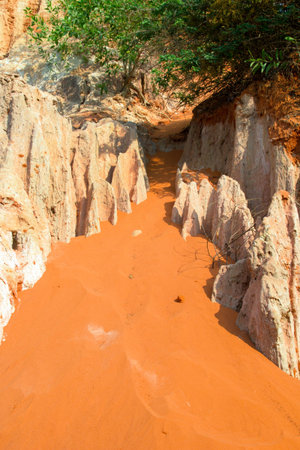 Fairy Stream Canyon. Landscape with Lush Greenery and Red Sandstone Formations. Mui Ne, Vietnam.の写真素材