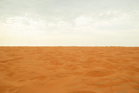 Red Sand Dunes Stretching to the Horizon Under a Bright Sky. Desert Landscape. Mui Ne, Vietnam.の写真素材