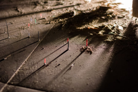 Intriguing Pins Standing in Row on Dusty Surface with Dramatic Shadow Play. Atmosphere of mystery.