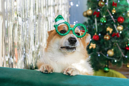 Festive Corgi Ready for Holiday. Fun Cute Dog with Christmas Glasses and Christmas Tree Background.の写真素材