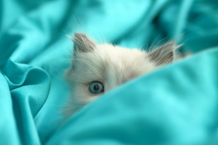 Adorable Kitten is looking from Turquoise Fabric, Playful and Curious Look. Charming Pet Portrait.の写真素材