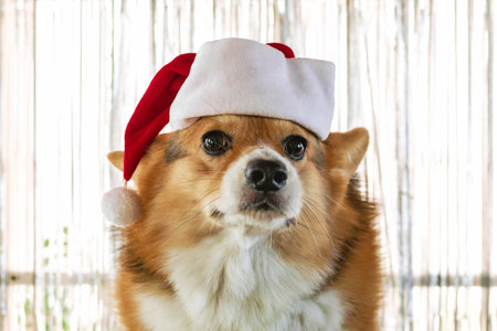 Festive Corgi Celebrates Christmas. Adorable Dog Portrait with Santa Hat and Holiday Spirit.の写真素材