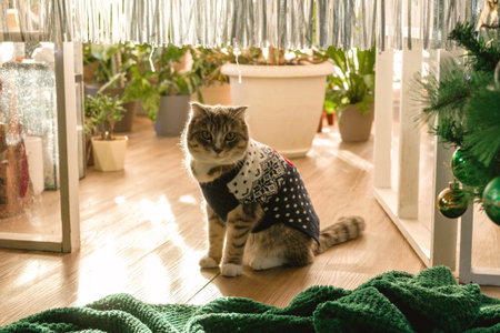 Charming Tabby Cat in Holiday Sweater near Decorated Christmas Tree, a Festive Delight.の写真素材