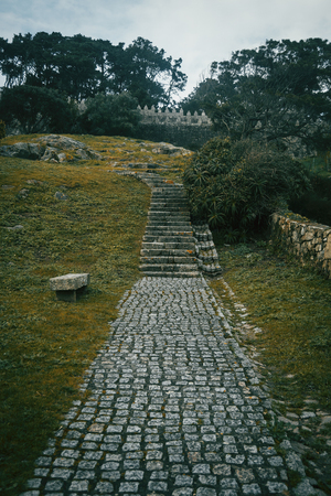 Nice stone path and stairs surrounded by grass in Baiona, Galicia Spainの写真素材